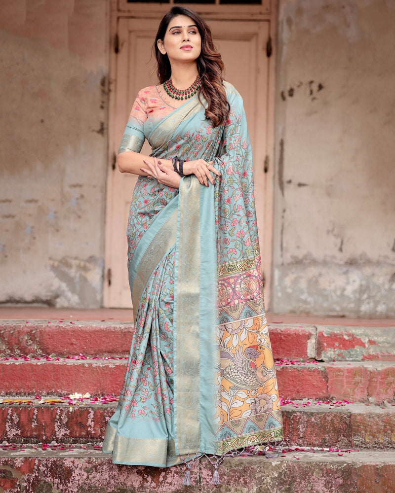Sea Green Floral Printed Cotton Silk Saree
