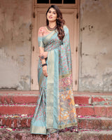 Sea Green Floral Printed Cotton Silk Saree