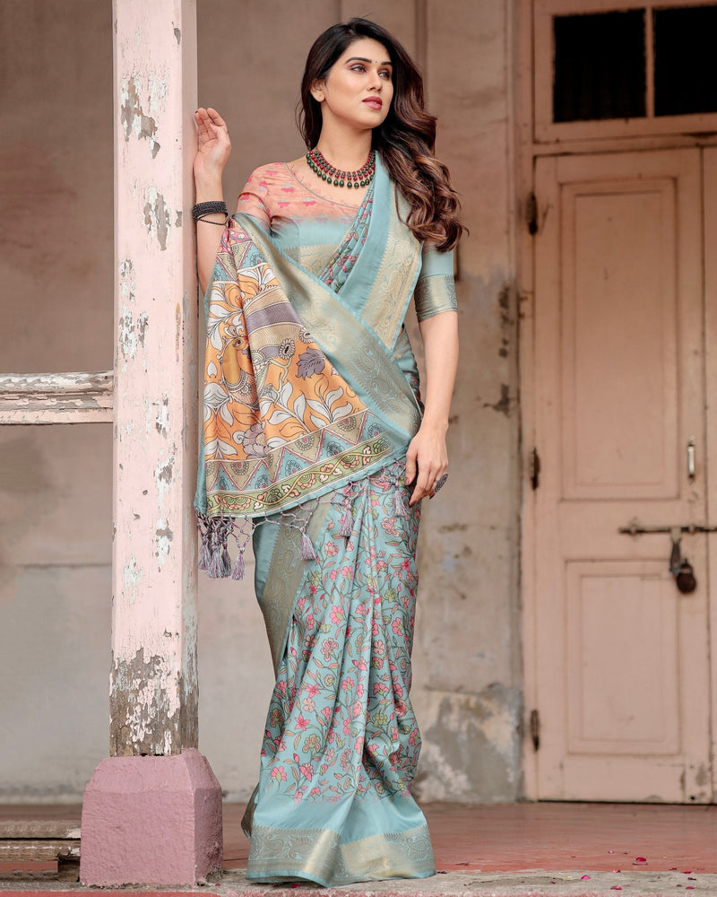 Sea Green Floral Printed Cotton Silk Saree