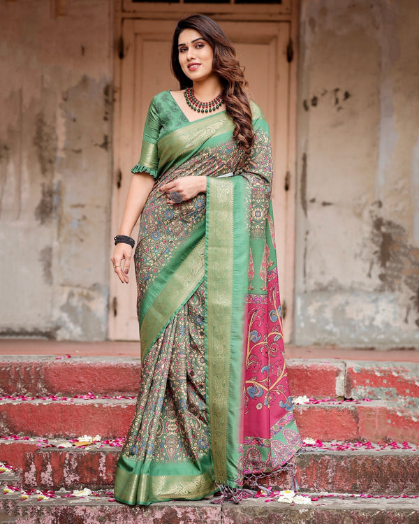 Green & Multi Floral Printed Cotton Silk Saree