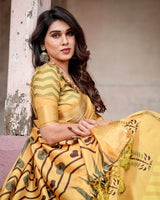 Light Yellow Floral Printed Cotton Silk Saree