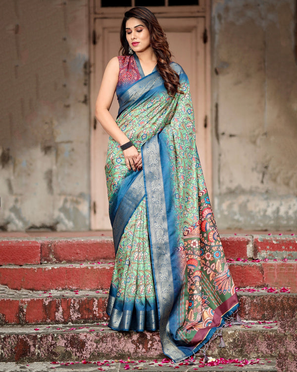 Light Green & Blue Floral Printed Cotton Silk Saree