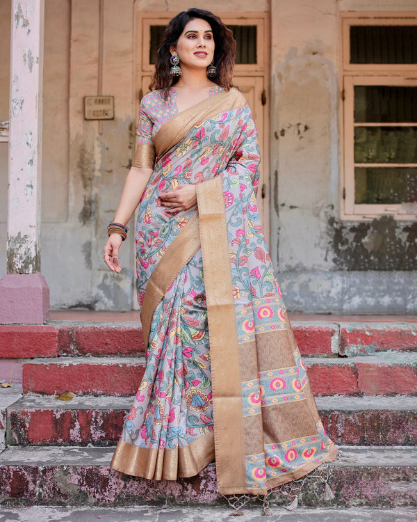 Dark Grey & Cream Floral Printed Cotton Silk Saree