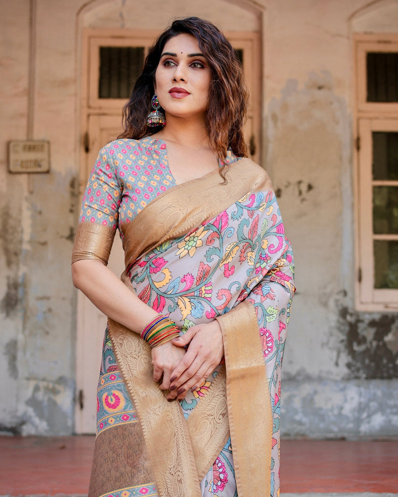 Dark Grey & Cream Floral Printed Cotton Silk Saree
