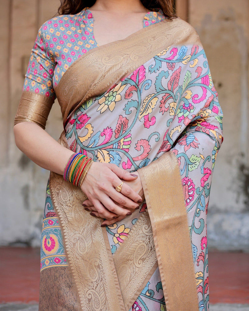 Dark Grey & Cream Floral Printed Cotton Silk Saree
