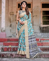 Light Blue & Green Floral Printed Cotton Silk Saree