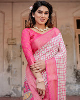 Pink & Off White Floral Printed Cotton Silk Saree