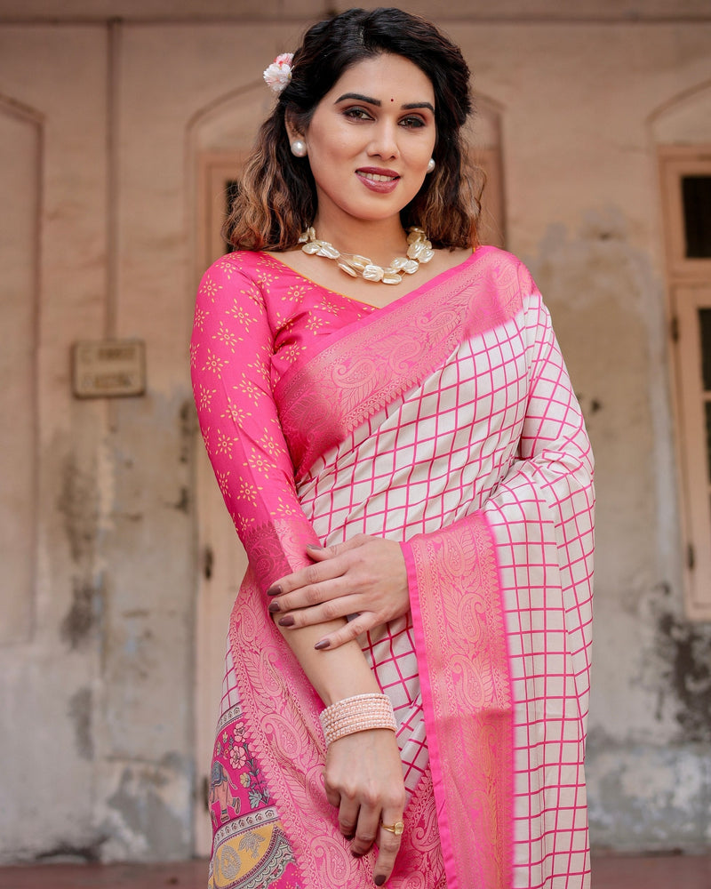 Pink & Off White Floral Printed Cotton Silk Saree