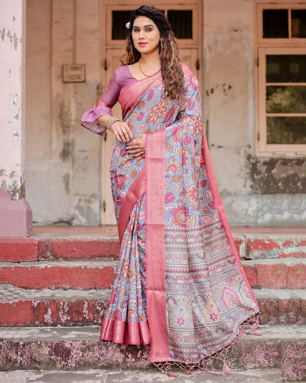 Grey & Pink Flower Floral Printed Cotton Silk Saree