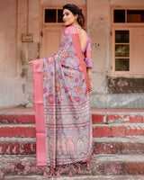 Grey & Pink Flower Floral Printed Cotton Silk Saree