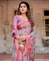 Grey & Pink Flower Floral Printed Cotton Silk Saree