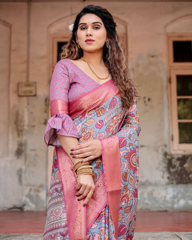 Grey & Pink Flower Floral Printed Cotton Silk Saree