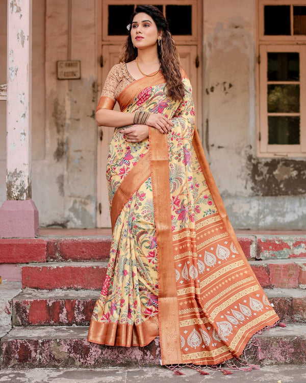 Light Yellow & Light Brown Floral Printed Cotton Silk Saree