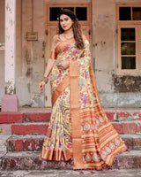 Light Yellow & Light Brown Floral Printed Cotton Silk Saree