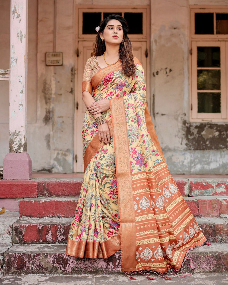 Light Yellow & Light Brown Floral Printed Cotton Silk Saree
