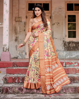 Light Yellow & Light Brown Floral Printed Cotton Silk Saree