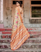 Light Yellow & Light Brown Floral Printed Cotton Silk Saree