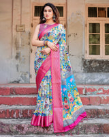 Sky Blue & Pink Floral Printed Cotton Silk Saree