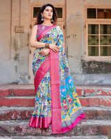 Sky Blue & Pink Floral Printed Cotton Silk Saree