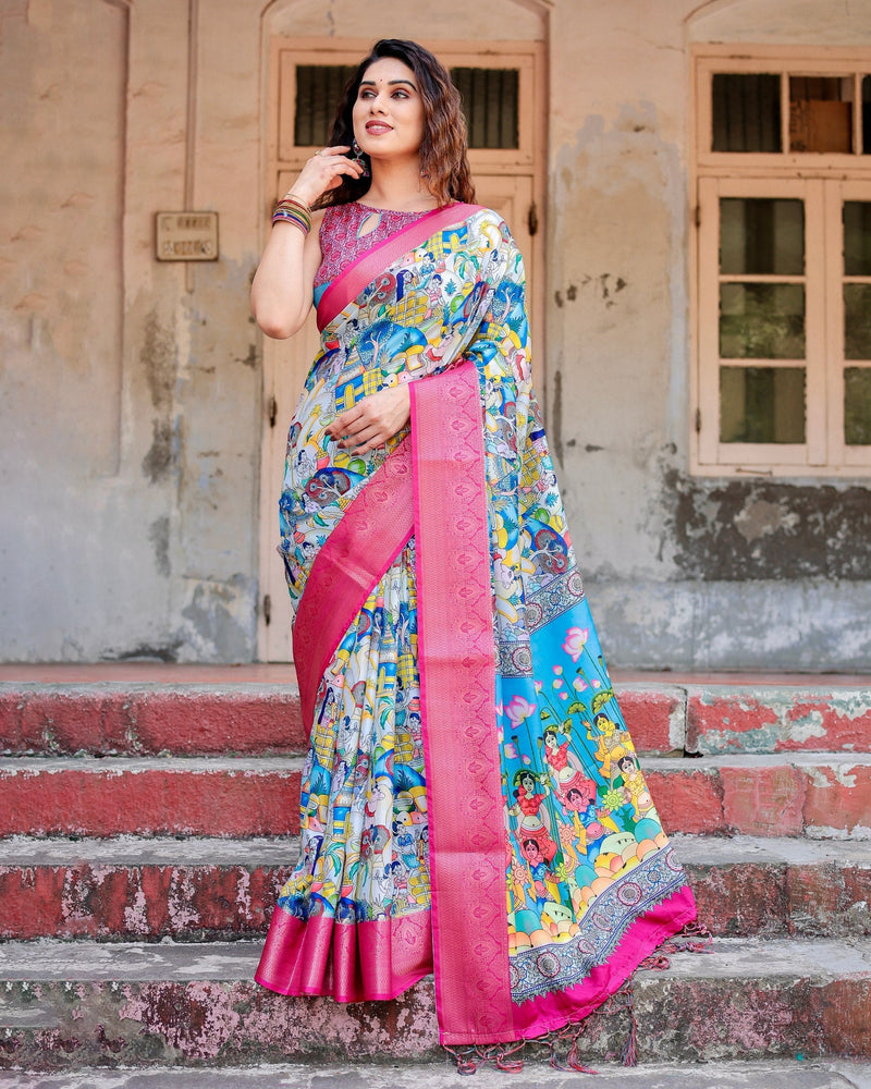 Sky Blue & Pink Floral Printed Cotton Silk Saree