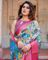 Sky Blue & Pink Floral Printed Cotton Silk Saree