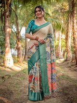 Pine Green & Beige Floral Printed Cotton Silk Saree