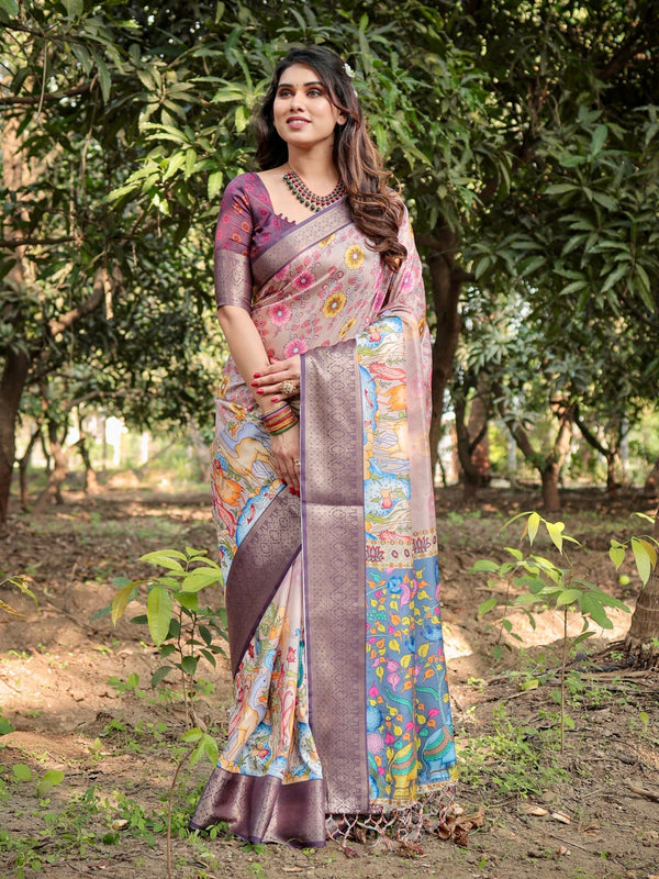 Light Rosewood Pink & Velour Purple Floral Printed Cotton Silk Saree