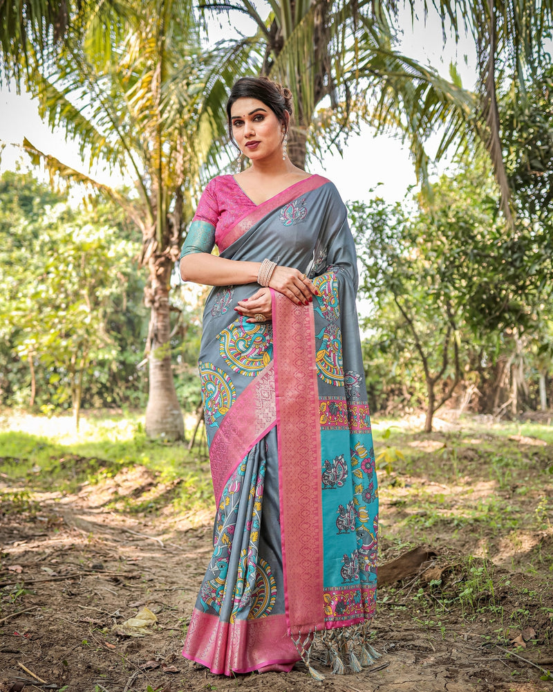 Steel Grey Floral Printed Cotton Silk Saree
