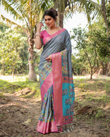 Steel Grey Floral Printed Cotton Silk Saree