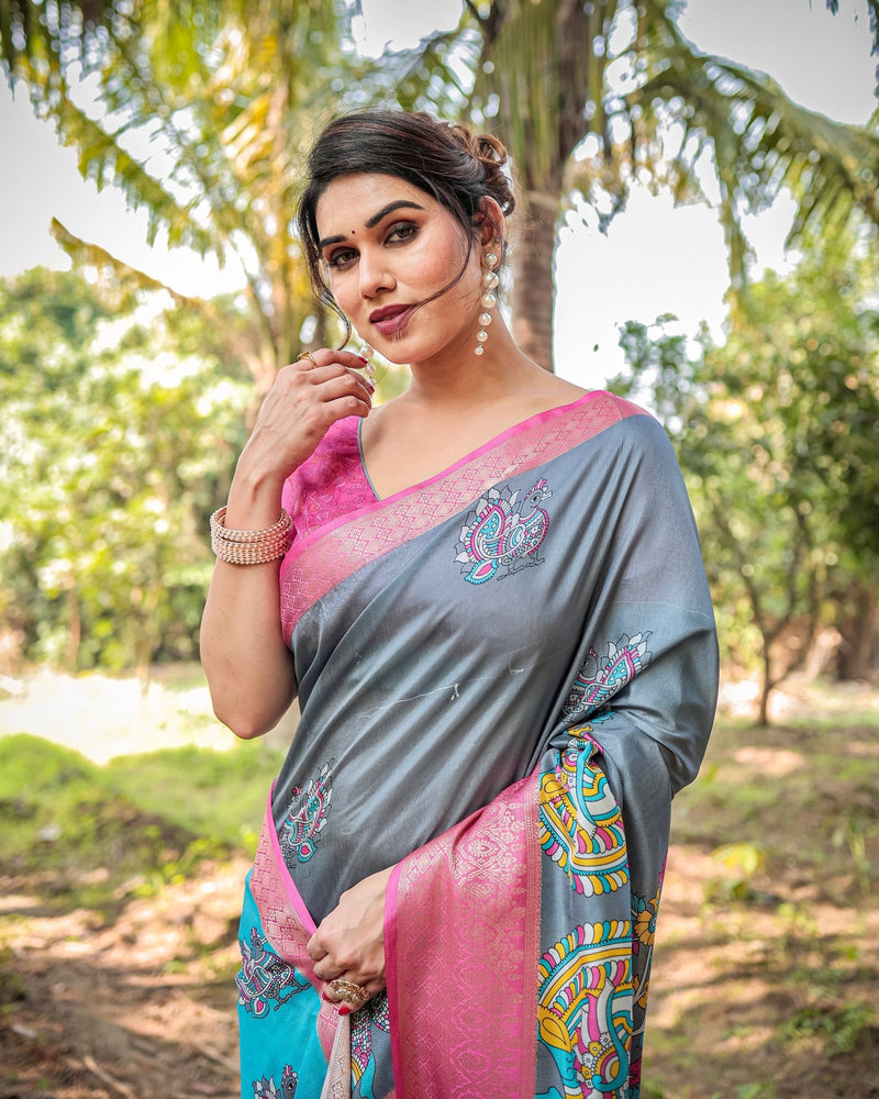 Steel Grey Floral Printed Cotton Silk Saree