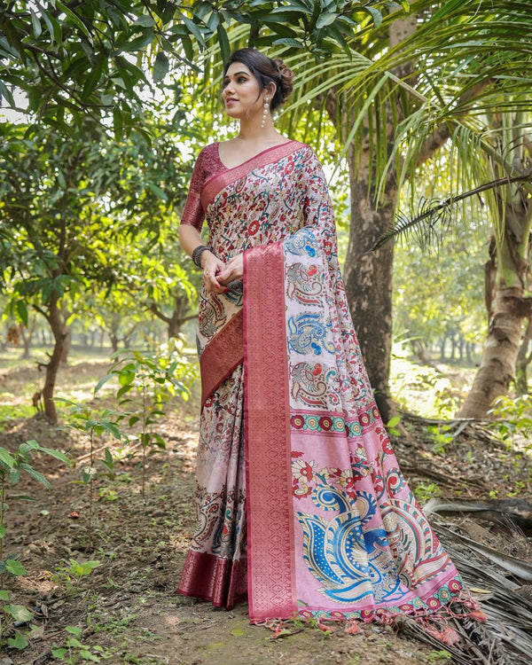 Pale Pink Floral Printed Cotton Silk Saree