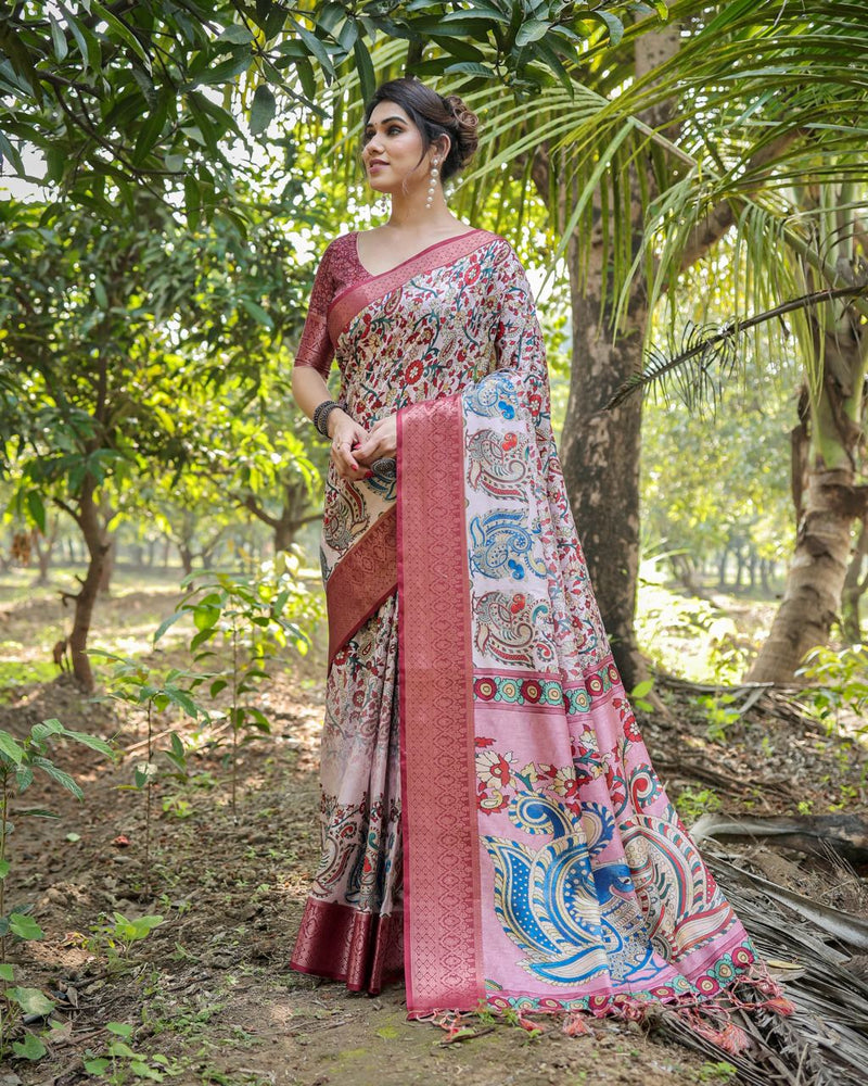 Pale Pink Floral Printed Cotton Silk Saree
