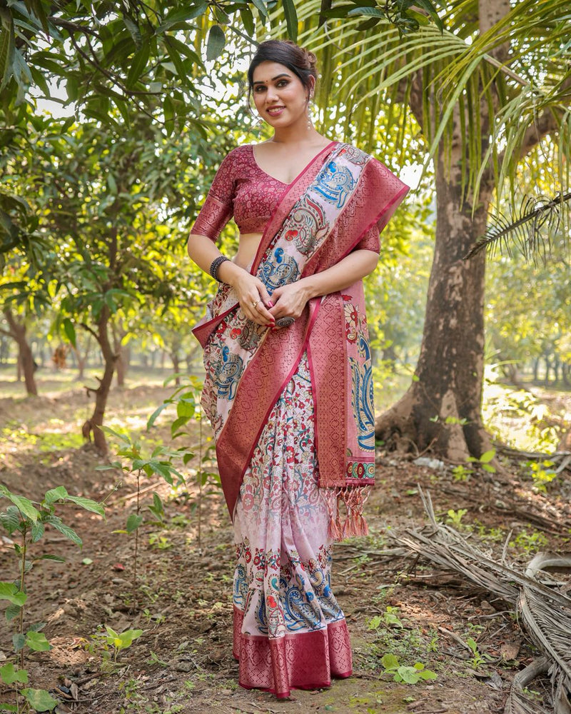 Pale Pink Floral Printed Cotton Silk Saree