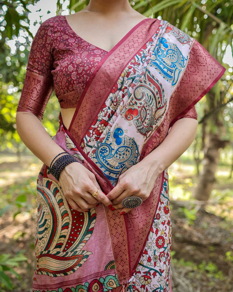 Pale Pink Floral Printed Cotton Silk Saree