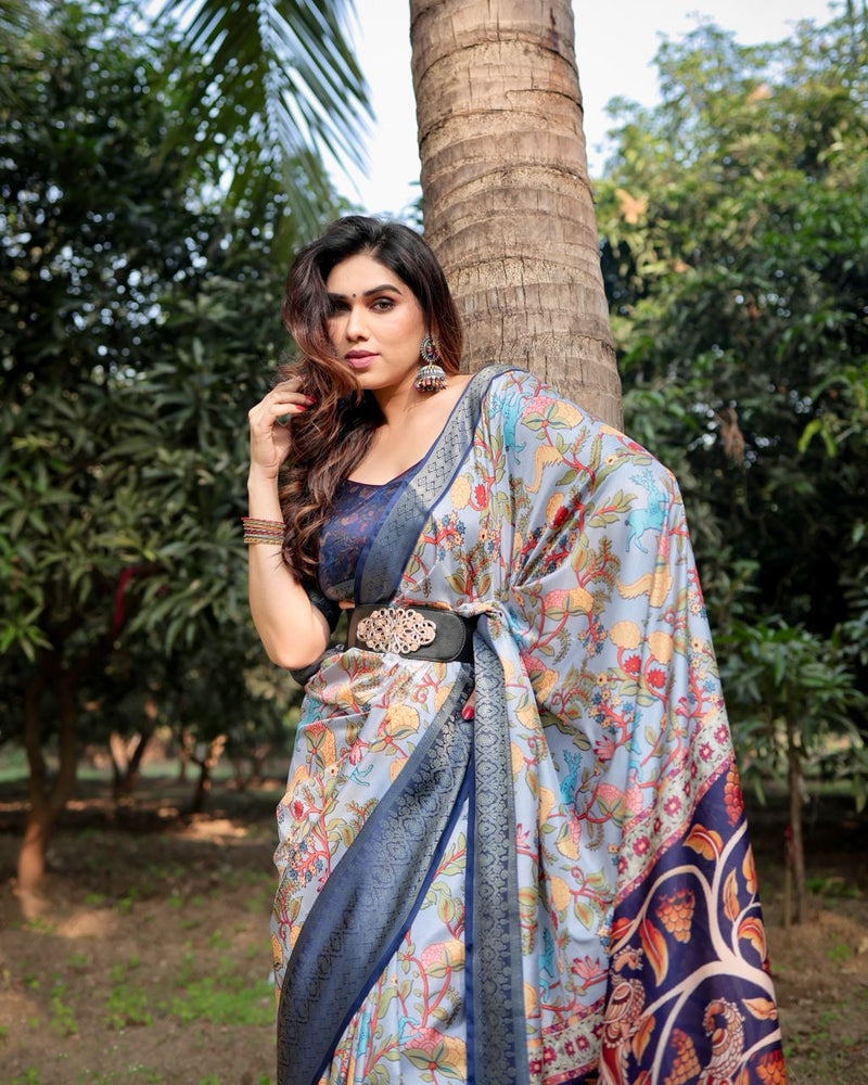 Light Grey & Blue Floral Printed Cotton Silk Saree