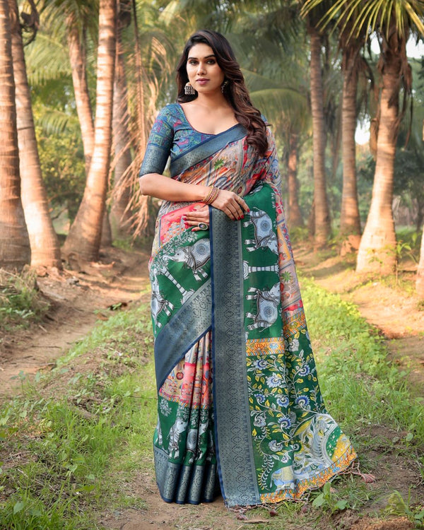 Dark Green Floral Printed Cotton Silk Saree