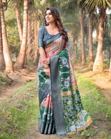 Dark Green Floral Printed Cotton Silk Saree