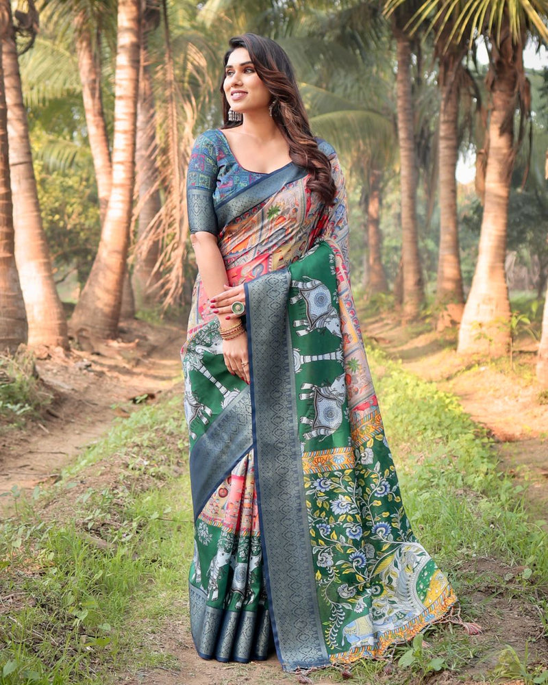 Dark Green Floral Printed Cotton Silk Saree