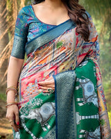 Dark Green Floral Printed Cotton Silk Saree