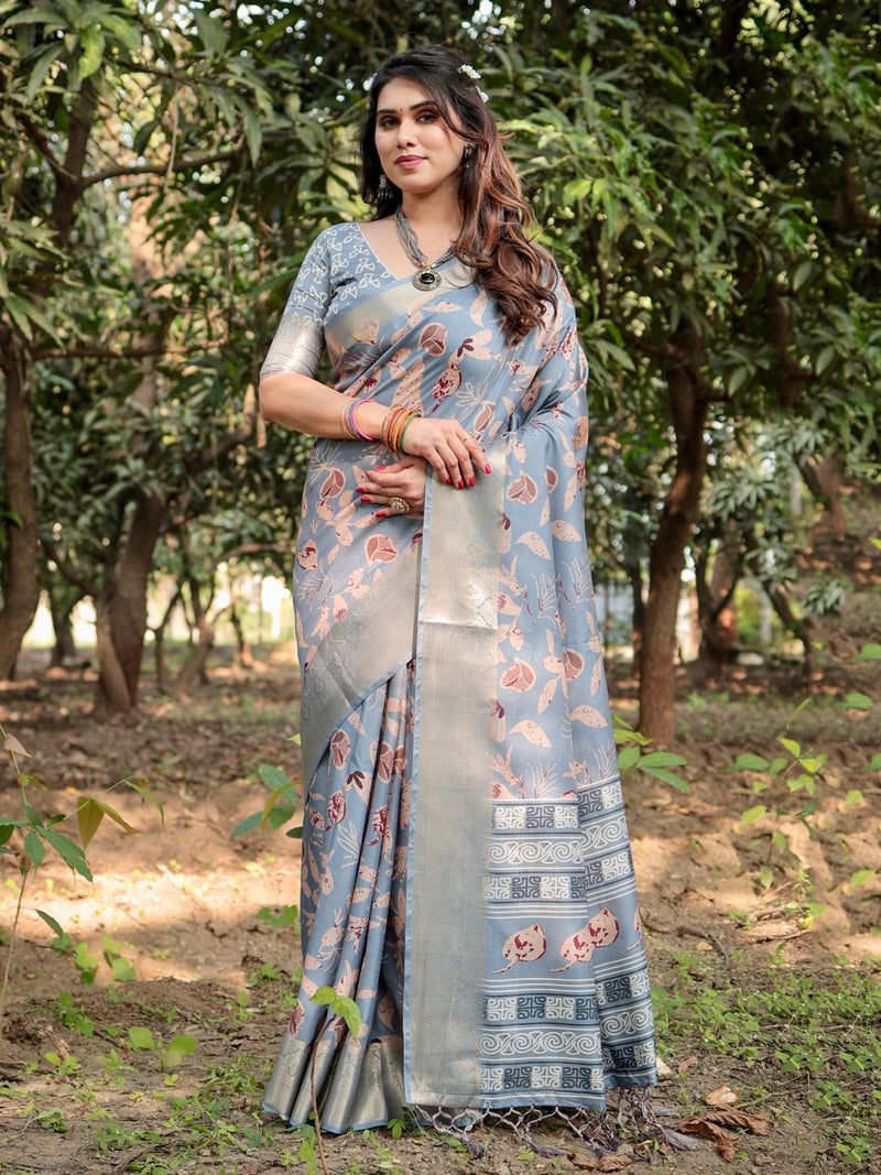 Dark Grey Floral Printed Cotton Silk Saree