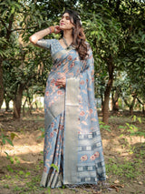 Dark Grey Floral Printed Cotton Silk Saree