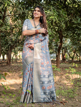 Dark Grey Floral Printed Cotton Silk Saree