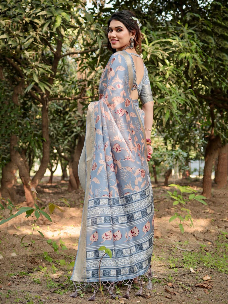 Dark Grey Floral Printed Cotton Silk Saree