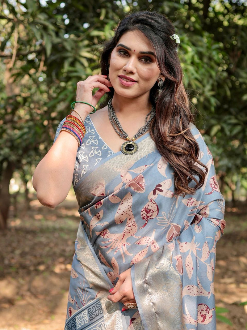 Dark Grey Floral Printed Cotton Silk Saree