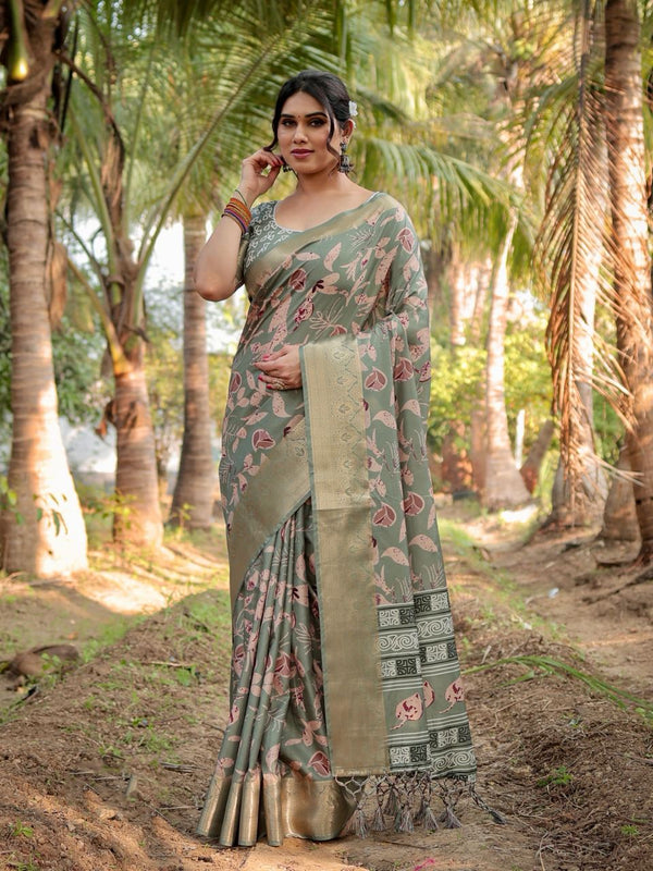 Sage Green Floral Printed Cotton Silk Saree