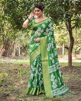 Kelly Green Floral Printed Cotton Silk Saree