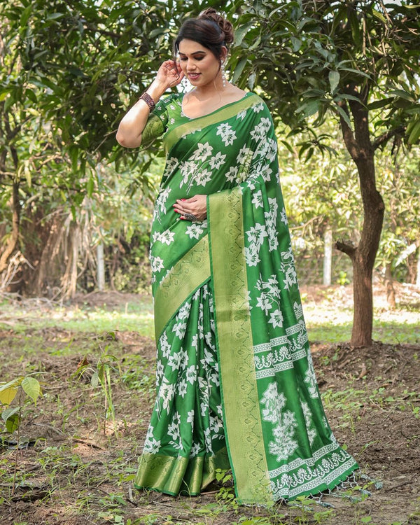 Kelly Green Floral Printed Cotton Silk Saree