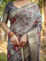 Fossil Gray Floral Printed Cotton Silk Saree