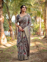 Fossil Gray Floral Printed Cotton Silk Saree