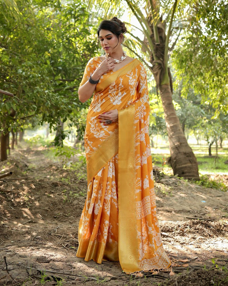 Yellow Color Floral Printed Cotton Silk Saree